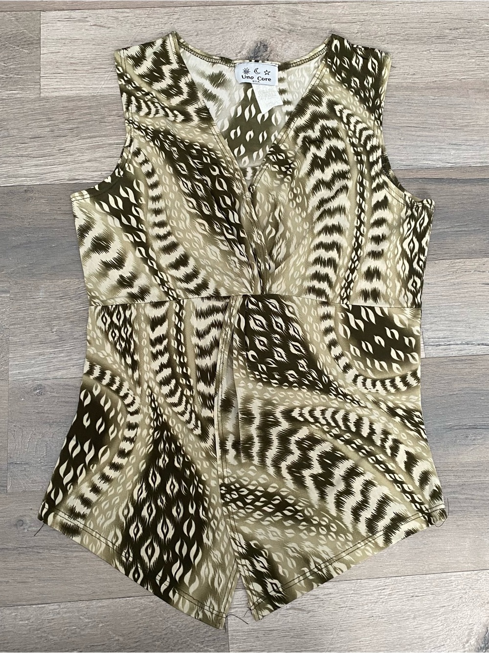 Vintage 90s Uno Core Green Patterned Sleeveless Split Front Top Size S